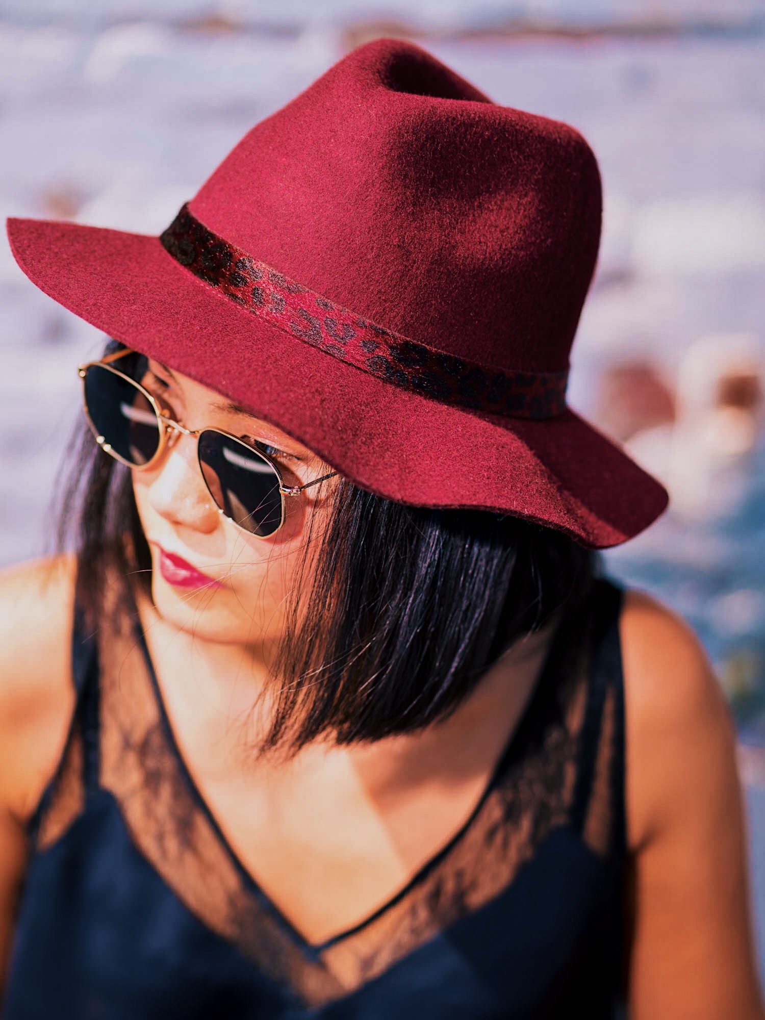 target style close up fall fashion with womens felt fedora hat - a new day burgundy
