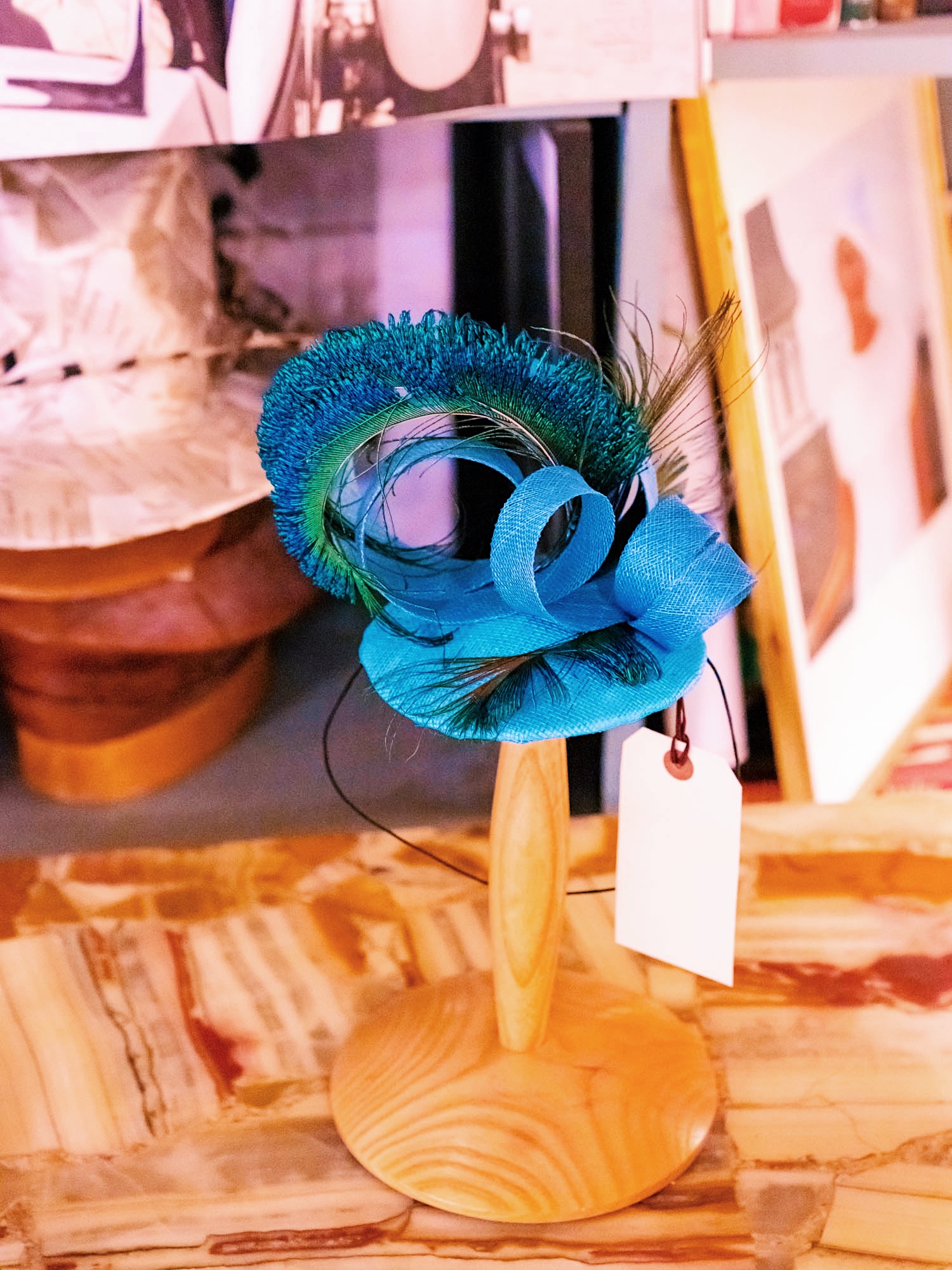 blue peacock sculptural fascinator by ellen christine couture millinery