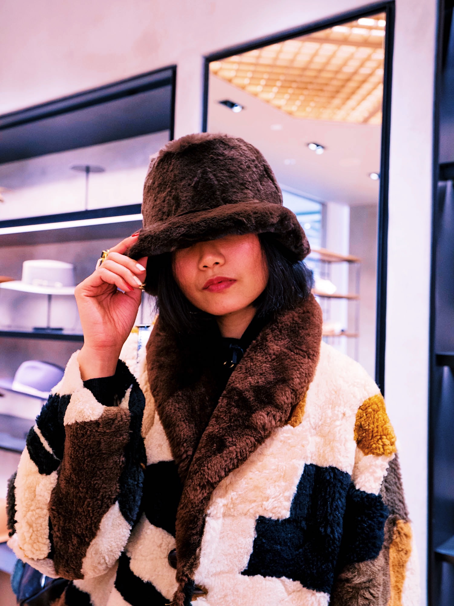 nanphanita is wearing cozy faux fur trending bucket hat from kajima takayuki shibuya parco