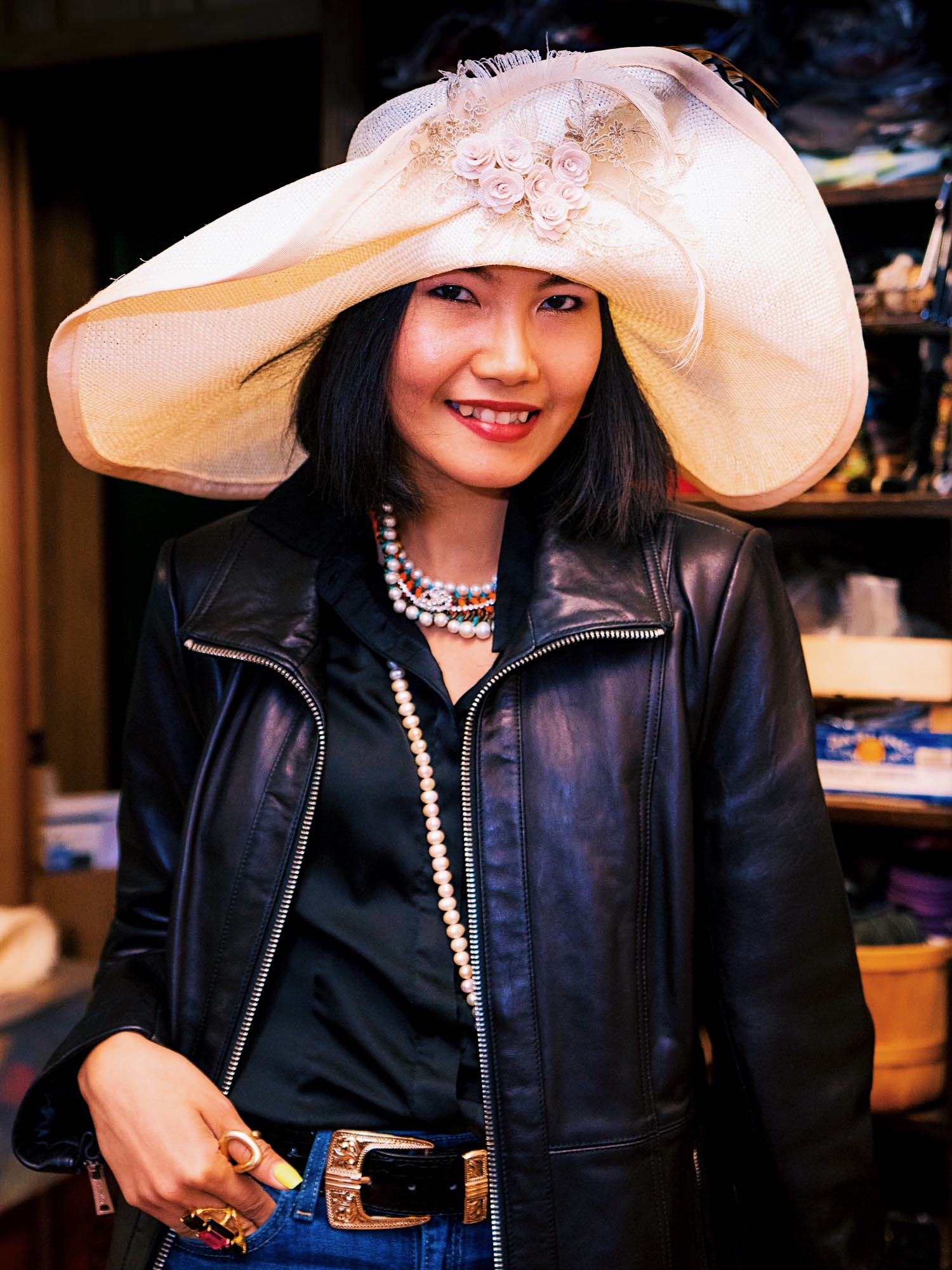 nanphanita is wearing a super wide brim straw hat by cha cha