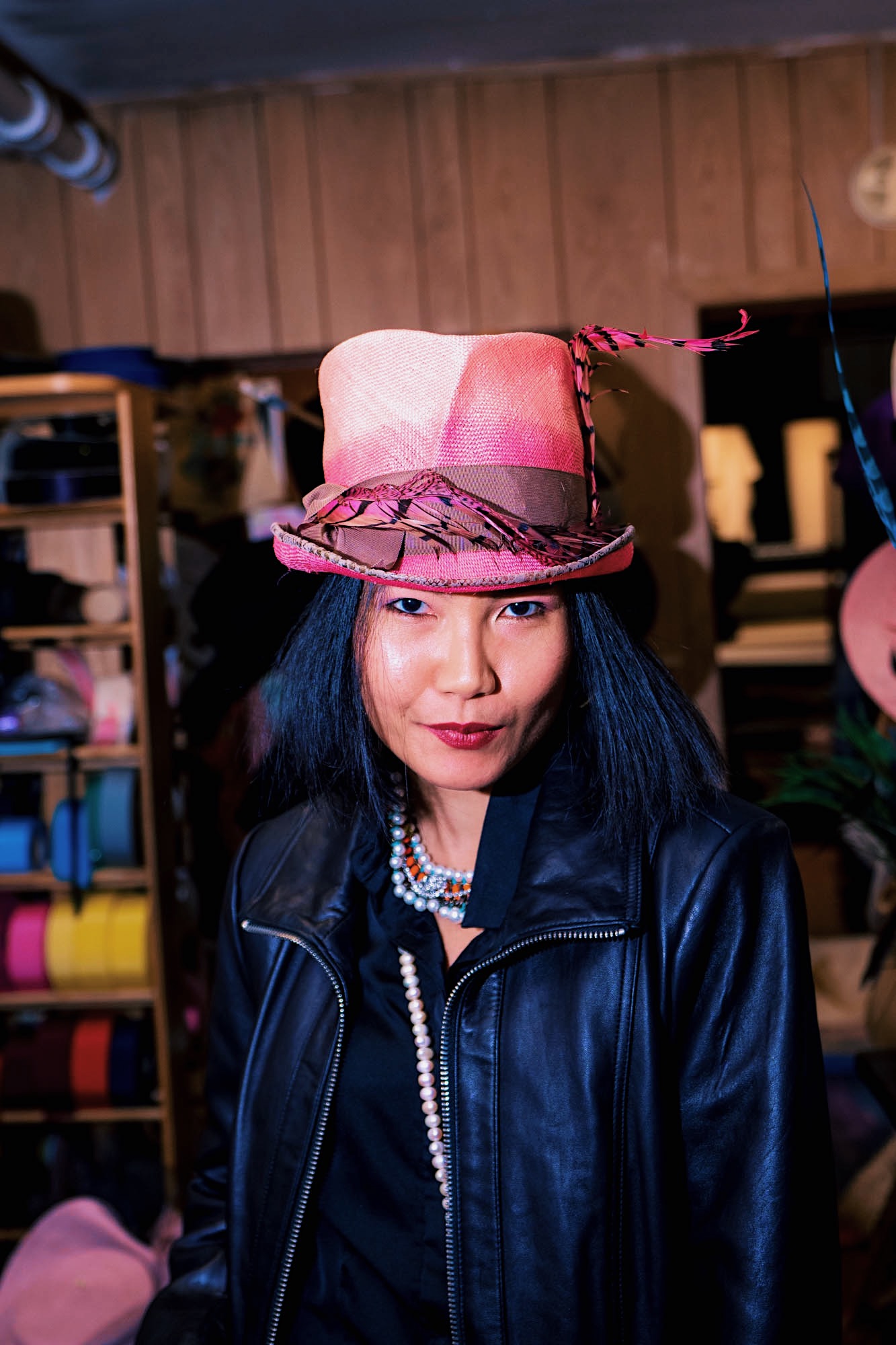 nanphanita is wearing a cha chas top hat in pink