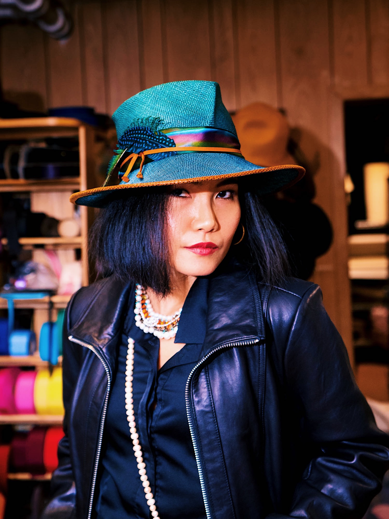nanphanita is wearing teal and blue ombre fedora hat made by cha cha