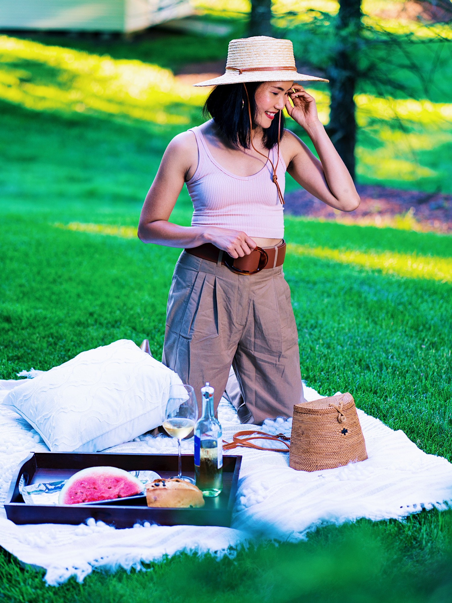 nanphanita is wearing SDHC womens wheat straw hat with leather chin cord and monochrome outfit