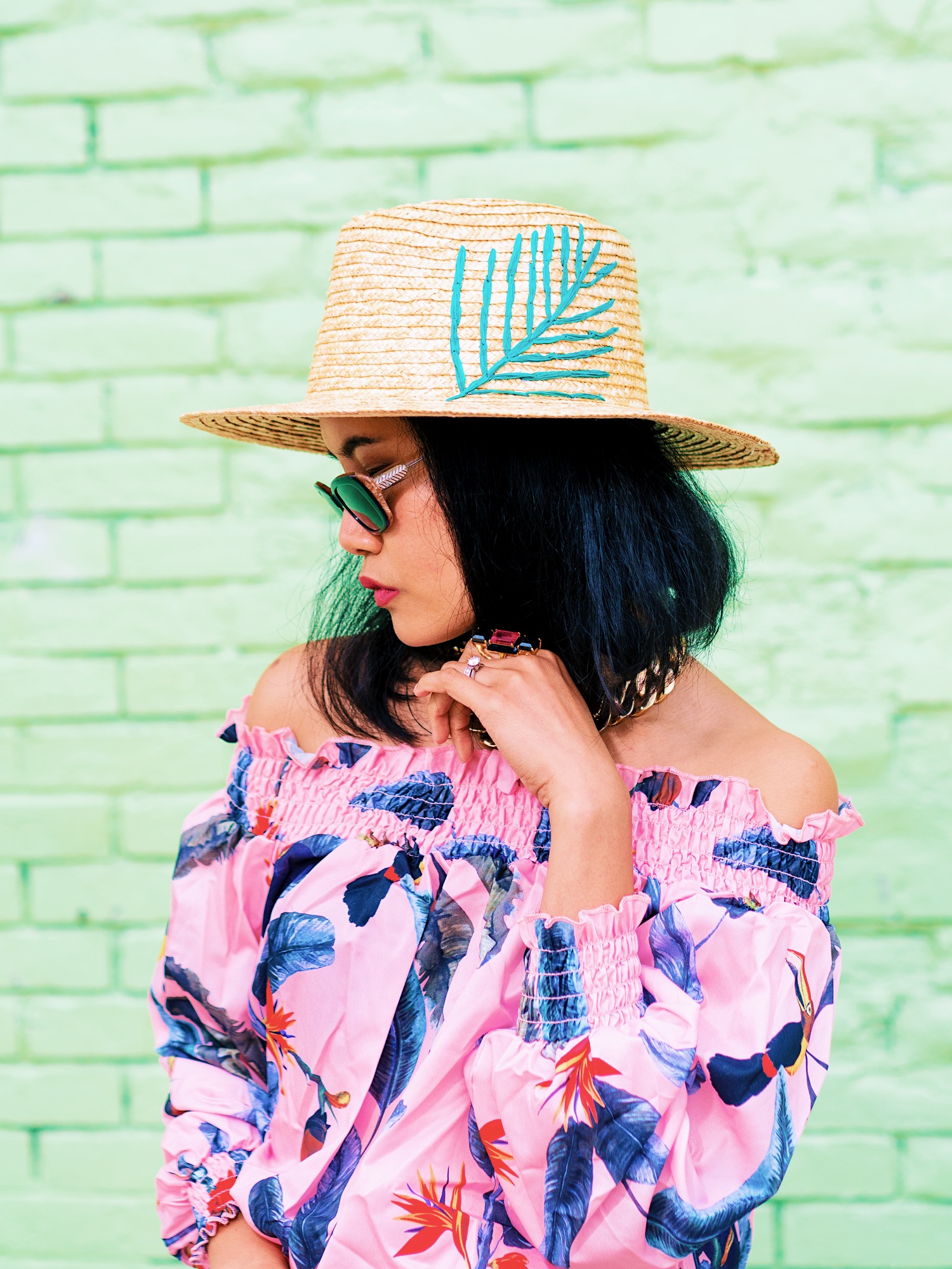nanphanita is wearing SDHC womens wheat straw palm fedora hat with tropical printed outfit