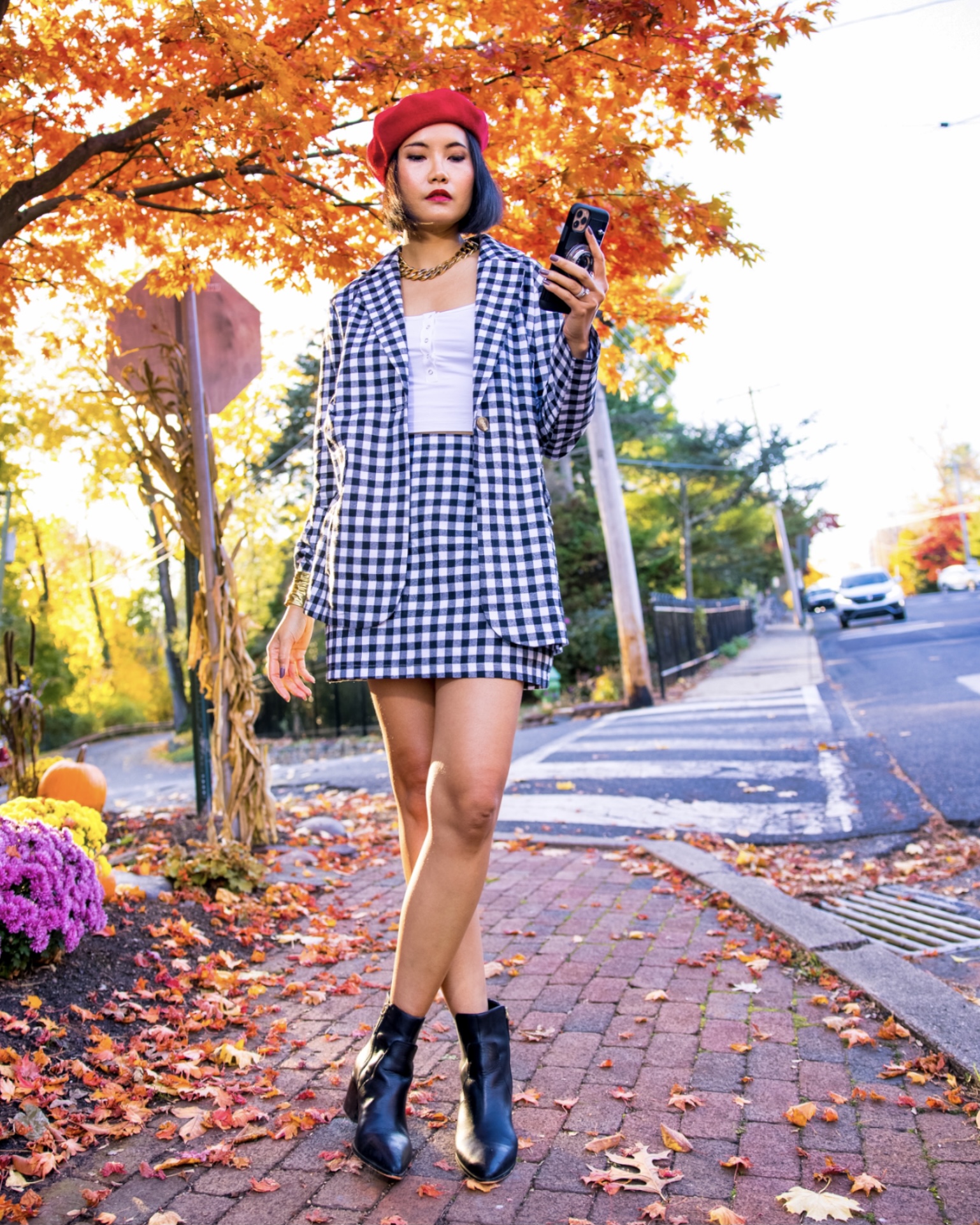 emily in paris inspired outfit by nanphanita jacob wearing checked blazer suit and red beret