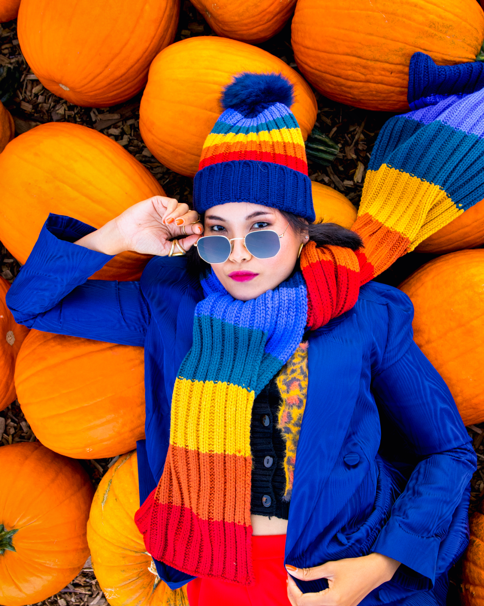 nanphanita is wearing san diego hat company womens machine knit rainbow stripe beanie and scarf set fwset2039 at pumkpinville happy day farm new jersey