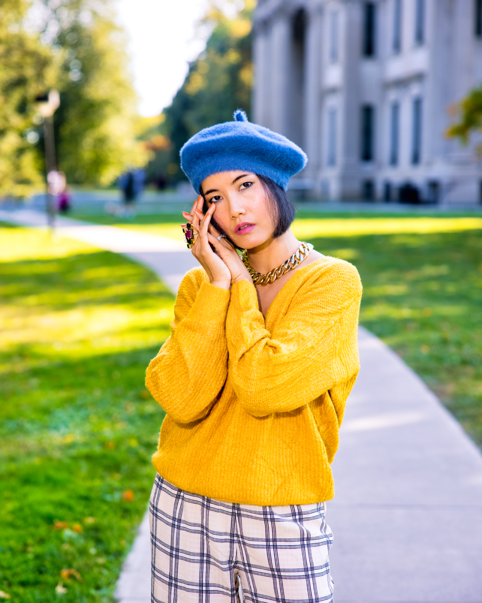 nanphanita is wearing yellow mustard womans faux angora beret by san diego hat company in parisiene style