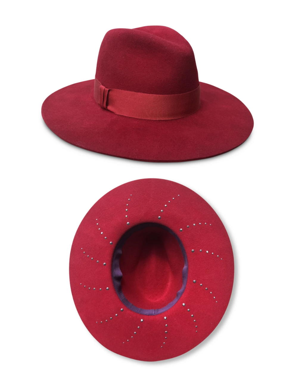 Classic center dent wool felt fedora with a 3.5 inch brim with crystal accent in red color created by cha chas house crystal visions