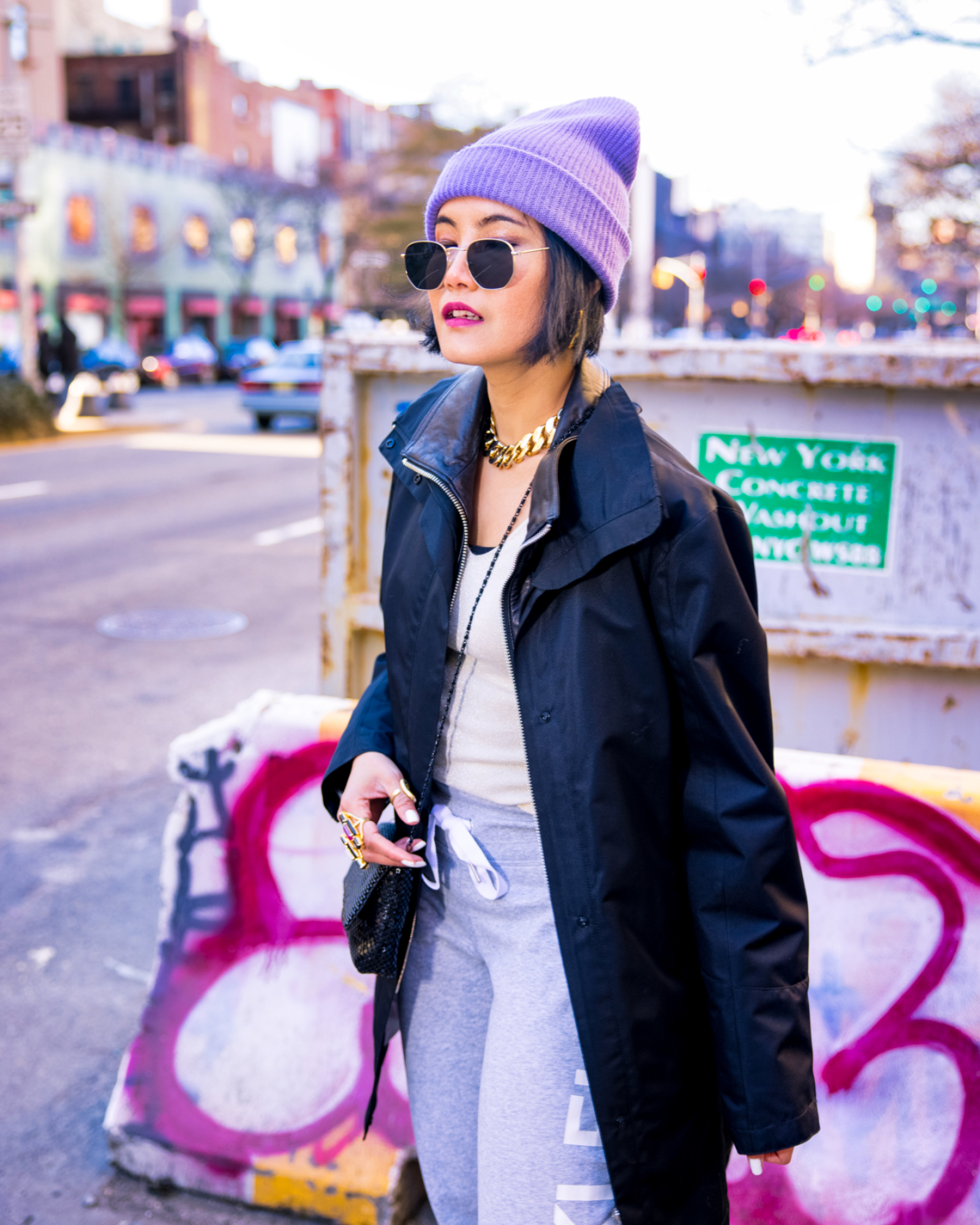 nanphanita jacob is styling winter fashion with san diego hat company slouchy knitted beanie in new york city