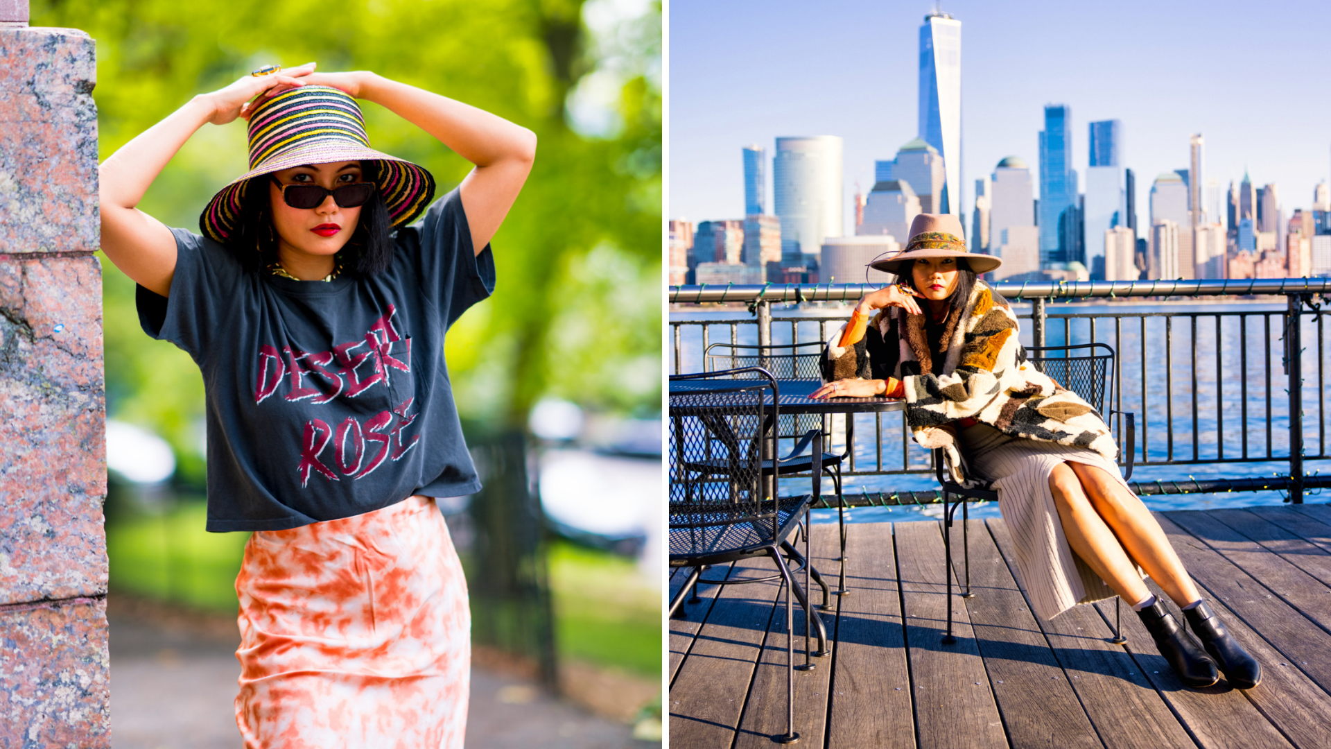 nanphanita jacob is wearing san diego hat company bucket hat on the left and wearing kathy jeanne millinery hat on the right